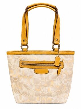 Coach Signature Tote Bag Beige Tan Jacquard Leather Trim Large 14x9
